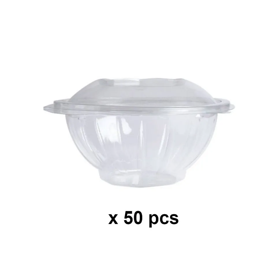 50 Barquettes Ronde 750 ml Alimentaire PET avec Couvercle Attaché - Transparente, Usage Froid, Diamètre172 x H94 mm - D-