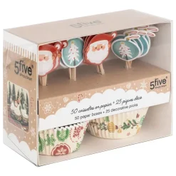 50 caissettes cupcakes 25 piques Noël - Multicolore- 5five