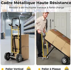 3 en 1 Chariot Diable à Main en Métal avec Roues en Caoutchouc Universelles Capacité 450 kg Chariot Pliable Industriel