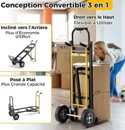 3 en 1 Chariot Diable à Main en Métal avec Roues en Caoutchouc Universelles Capacité 450 kg Chariot Pliable Industriel