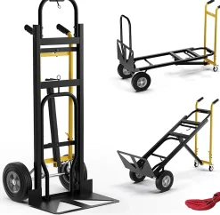 3 en 1 Chariot Diable à Main en Métal avec Roues en Caoutchouc Universelles Capacité 450 kg Chariot Pliable Industriel