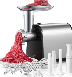3 en 1 Hachoir à Viande Électrique Professionnel avec 3 Plaques Acier Inoxydable, 1 Kubbe et 3 tubes Remplissage Saucisses
