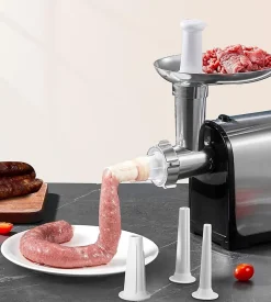3 en 1 Hachoir à Viande Électrique Professionnel avec 3 Plaques Acier Inoxydable, 1 Kubbe et 3 tubes Remplissage Saucisses