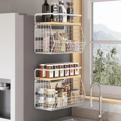 2 Panier Suspendu à Fruits Cuisine avec Couvercle Bois