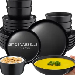 24 pièces service de table en grès pour 6 personnes noir