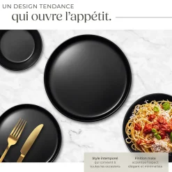 24 pièces service de table en grès pour 6 personnes noir