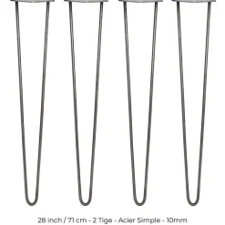 4 Pieds de Table en Epingle à Cheveux - 71cm - 2 Tiges - 10mm