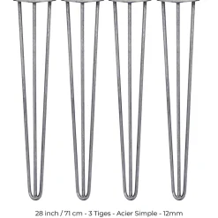 4 Pieds de Table en Epingle à Cheveux - 71cm - 3 Tiges - 12mm