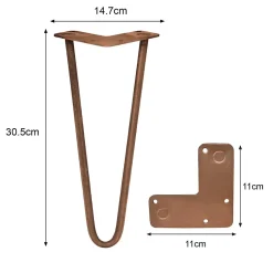 4 Pieds de Table en Epingle à Cheveux - 30,5cm- 2 Tiges - 12mm - Cuivre