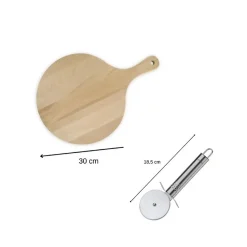 4 Planches à pizza et tarte flambée en bois 30 cm et Roulette à pizza en inox Fackelmann
