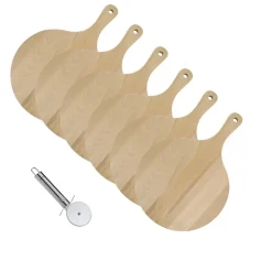 6 Planches à pizza et tarte flambée en bois 30 cm et Roulette à pizza en inox Fackelmann