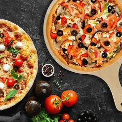 6 Planches à pizza et tarte flambée en bois 30 cm et Roulette à pizza en inox Fackelmann