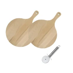 2 Planches à pizza et tarte flambée en bois 30 cm et Roulette à pizza en inox Fackelmann