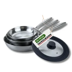 3 poêles 24 26 cm et 28 cm inox 18/10 Triply et couvercle Fackelmann Vita3