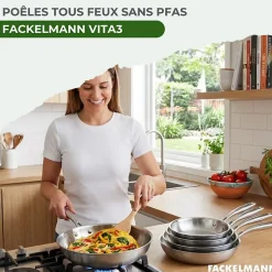 3 poêles 24 26 cm et 28 cm inox 18/10 Triply et couvercle Fackelmann Vita3
