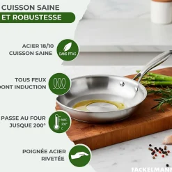 3 poêles 24 26 cm et 28 cm inox 18/10 Triply et couvercle Fackelmann Vita3