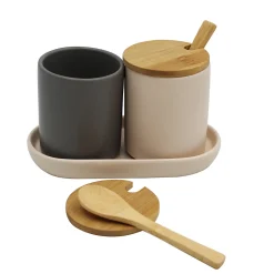 2 pots à épices en céramique avec couvercles et cuillères en bambou Box & Beyond