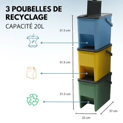 3 poubelle tri Sélectif BERGEN vert bleu jaune 3x20L