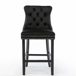 2 Tabourets Bar Velours Noir - Pieds Bois, Clous