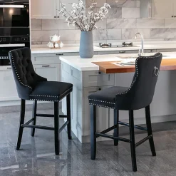 2 Tabourets Bar Velours Noir - Pieds Bois, Clous