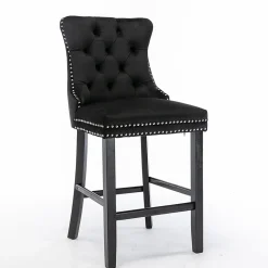 2 Tabourets Bar Velours Noir - Pieds Bois, Clous