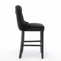 2 Tabourets Bar Velours Noir - Pieds Bois, Clous