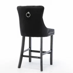 2 Tabourets Bar Velours Noir - Pieds Bois, Clous