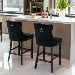 2 Tabourets Bar Velours Noir - Pieds Bois, Clous