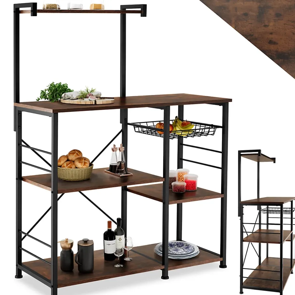 6 Étagères de cuisine style industriel et panier coulissant Bois foncé