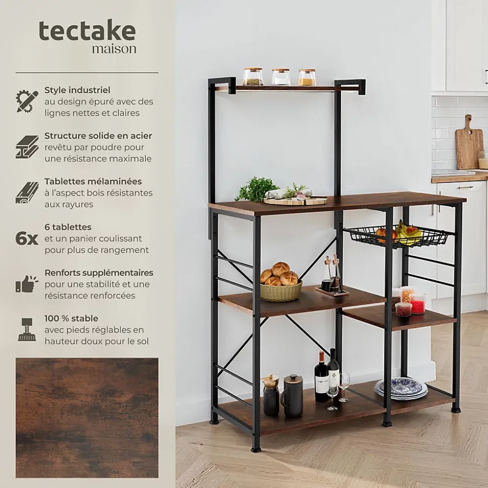 6 Étagères de cuisine style industriel et panier coulissant Bois foncé