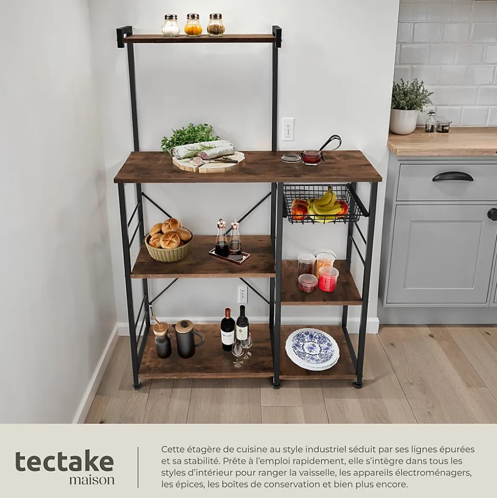 6 Étagères de cuisine style industriel et panier coulissant Bois foncé