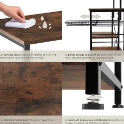 6 Étagères de cuisine style industriel et panier coulissant Bois foncé