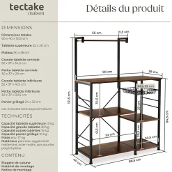 6 Étagères de cuisine style industriel et panier coulissant Bois foncé