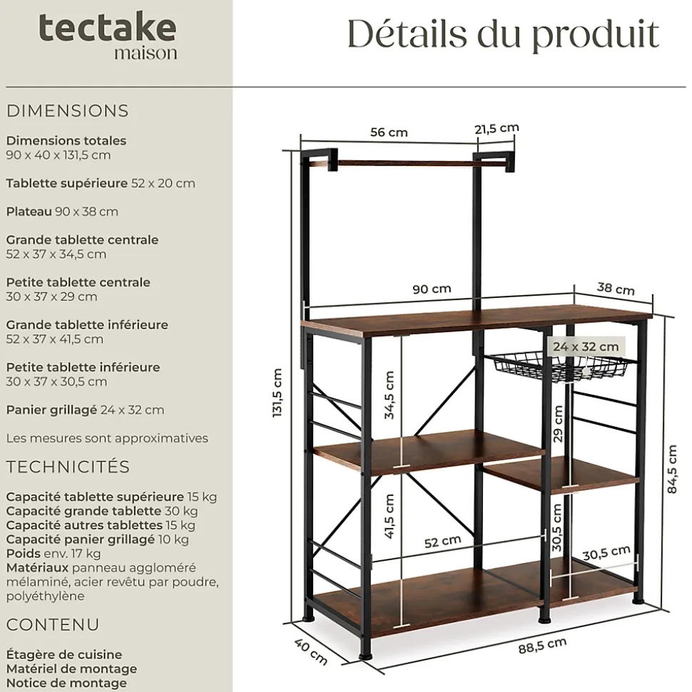 6 Étagères de cuisine style industriel et panier coulissant Bois foncé