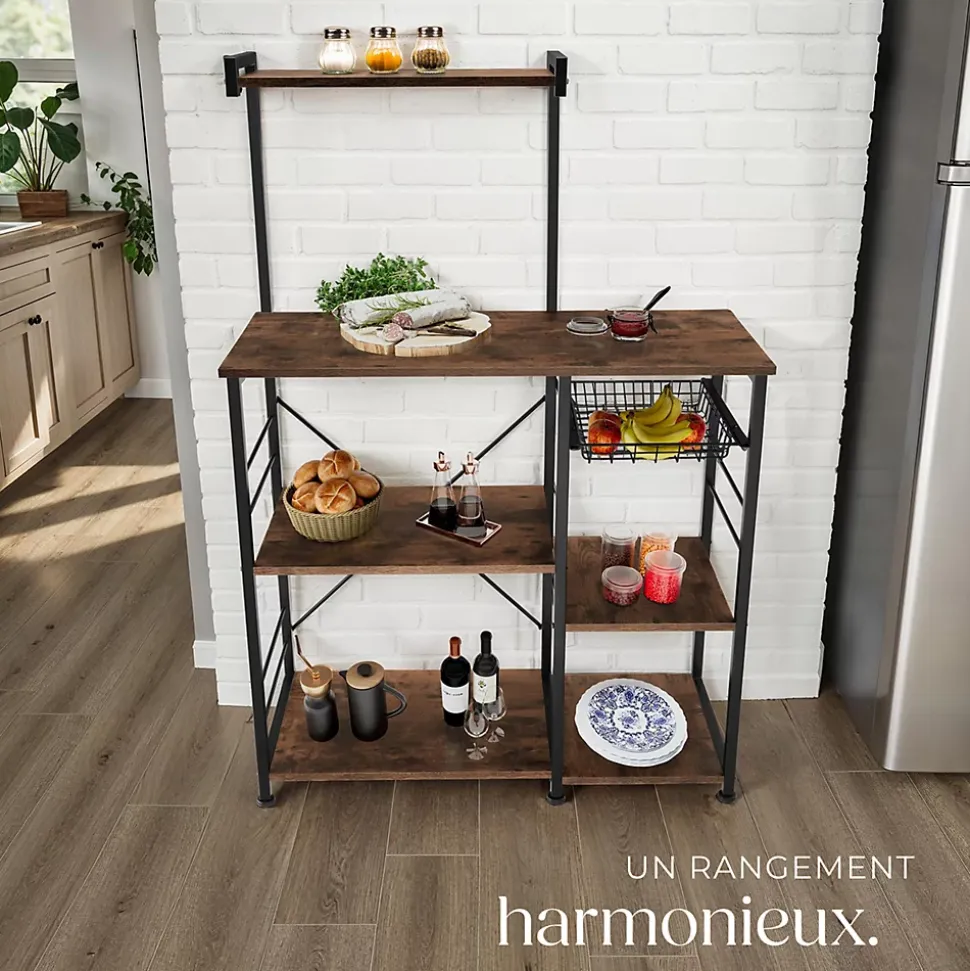 6 Étagères de cuisine style industriel et panier coulissant Bois foncé