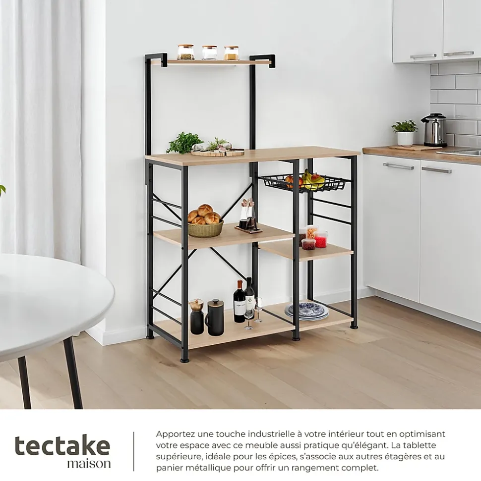 6 Étagères de cuisine style industriel et panier coulissant Bois clair