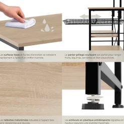 6 Étagères de cuisine style industriel et panier coulissant Bois clair