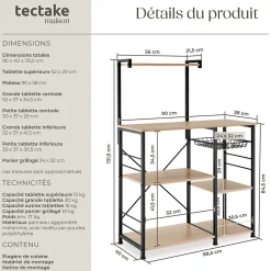 6 Étagères de cuisine style industriel et panier coulissant Bois clair