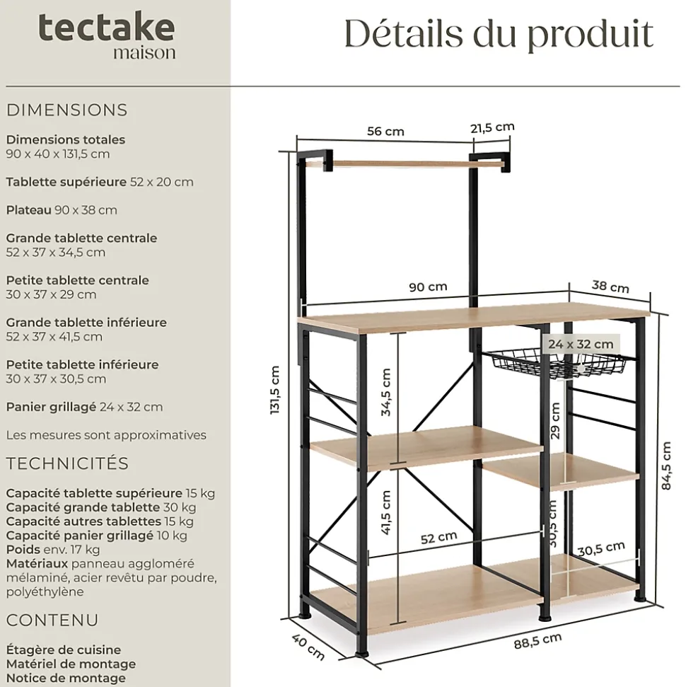 6 Étagères de cuisine style industriel et panier coulissant Bois clair
