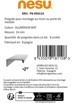 8 Un. poignées de meuble cuisine et salle de bain profil aluminium anodisé Ext. 30X8MM - - entraxe 16MM