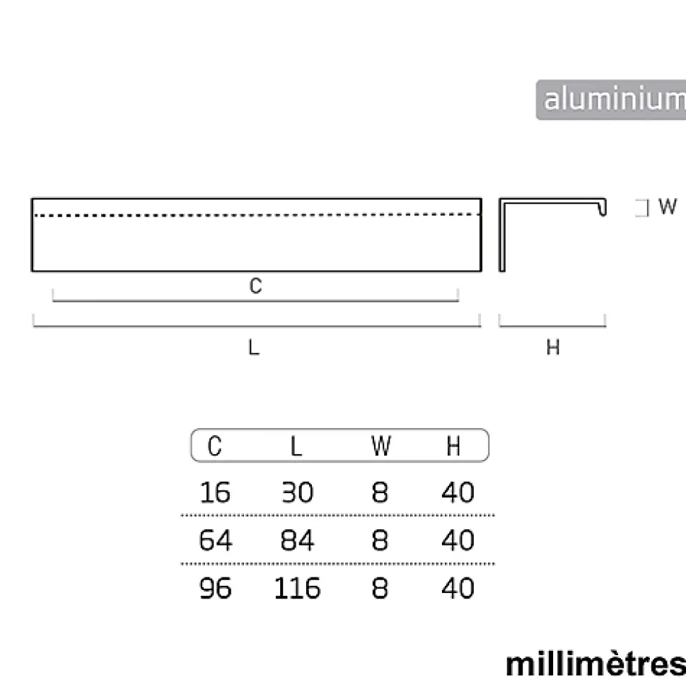 8 Un. poignées de meuble cuisine et salle de bain profil aluminium anodisé Ext. 30X8MM - - entraxe 16MM