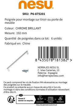 6 Un. poignées de meuble chromé brillant de cuisine tiroir armoire - entraxe 192MM