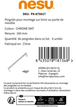 6 Un. poignées de meuble chromé mat cuisine tiroir armoire - entraxe 160MM