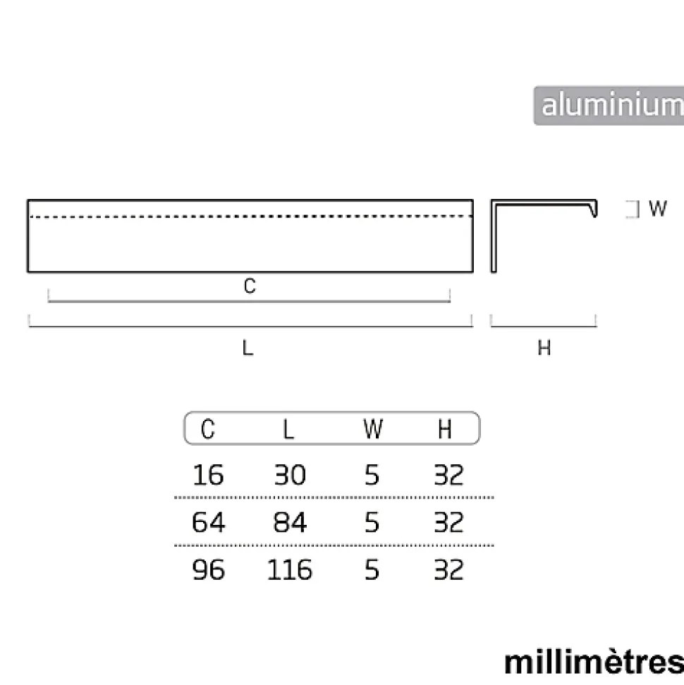 6 Un. poignées de meuble cuisine et salle de bain profil aluminium anodisé Ext. 116X8MM - - entraxe 96MM