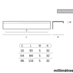 8 Un. poignées de meuble cuisine et salle de bain profil aluminium anodisé Ext. 30X8MM - - entraxe 16MM