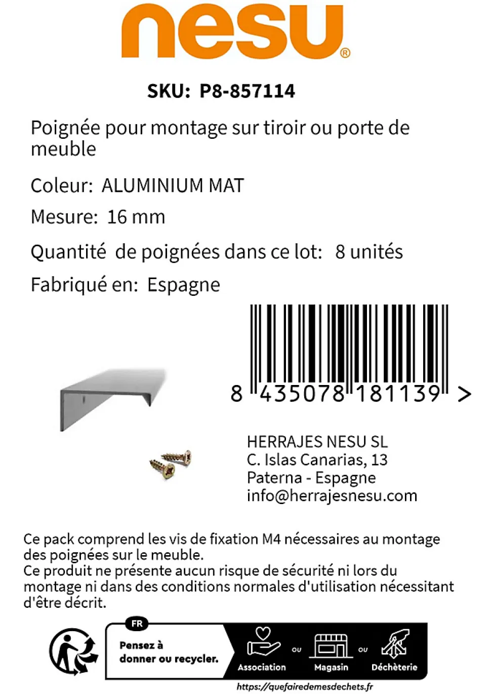 8 Un. poignées de meuble cuisine et salle de bain profil aluminium anodisé Ext. 30X8MM - - entraxe 16MM