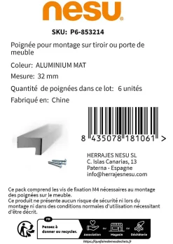 6 Un. poignées de meuble cuisine et salle de bain profil aluminium anodisé Ext. 44X12MM - - entraxe 32MM