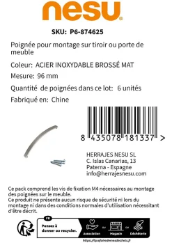 6 Un. poignées de meuble en acier inox mat pour armoire cuisine et - entraxe 96MM