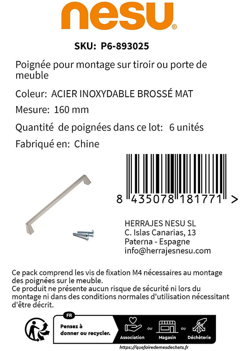 6 Un. poignées de meuble en 160MM inox mat cuisine porte tiroir armoire