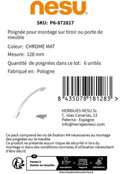 6 Un. poignées de meuble en zamak en chromé mat pour tous les types s et armoire - entraxe 128MM